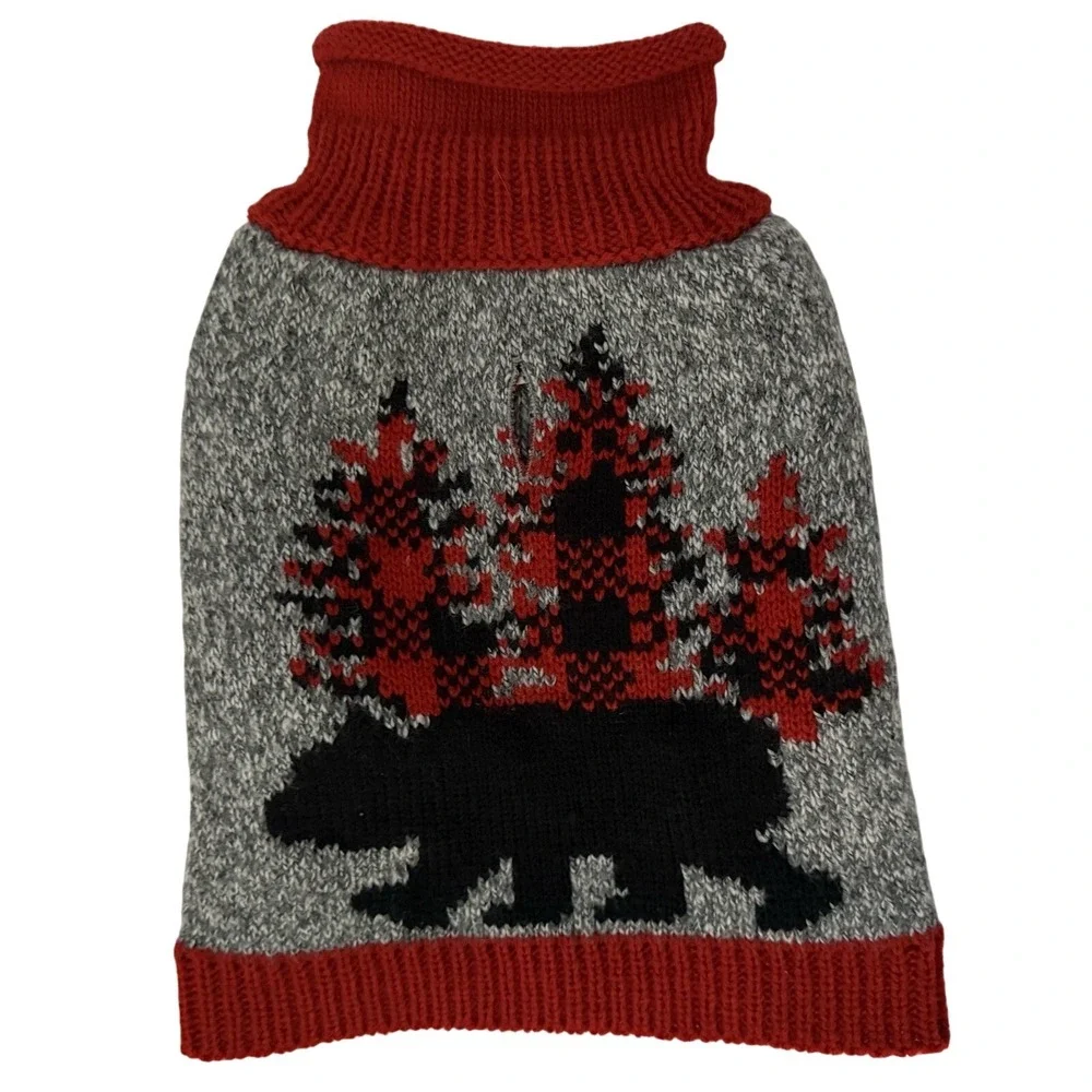 Pet Spirit Dog Sweater Extra Small Acrylic Knit Gray‎ Black Red w/Bear Design